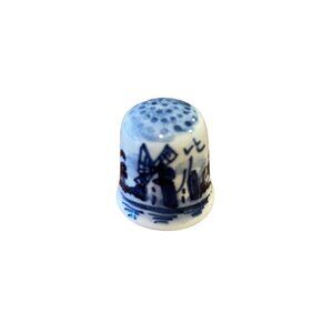 Vintage Delft Blue Porcelain Thimble Windmill Flower RARE
